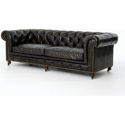 Conrad Sofa by Four Hands in cigar, antique oak, antique brass nailhead. Made from top grain leather, solid ash, iron in a traditional style.