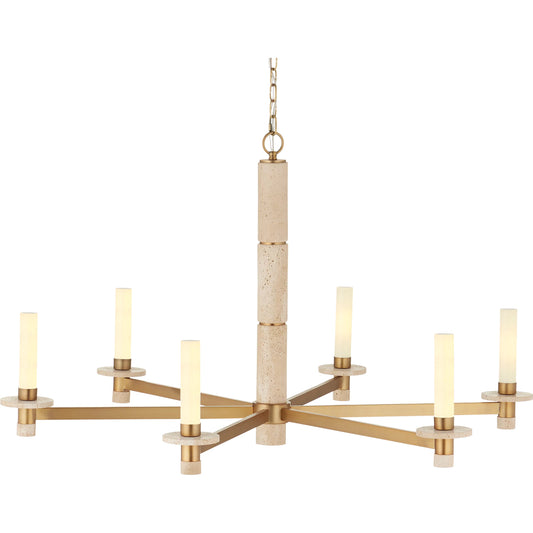Marcelo Chandelier by Currey and Company in natural, antique brass, white. Made from travertine, metal, glass in a transitional style.
