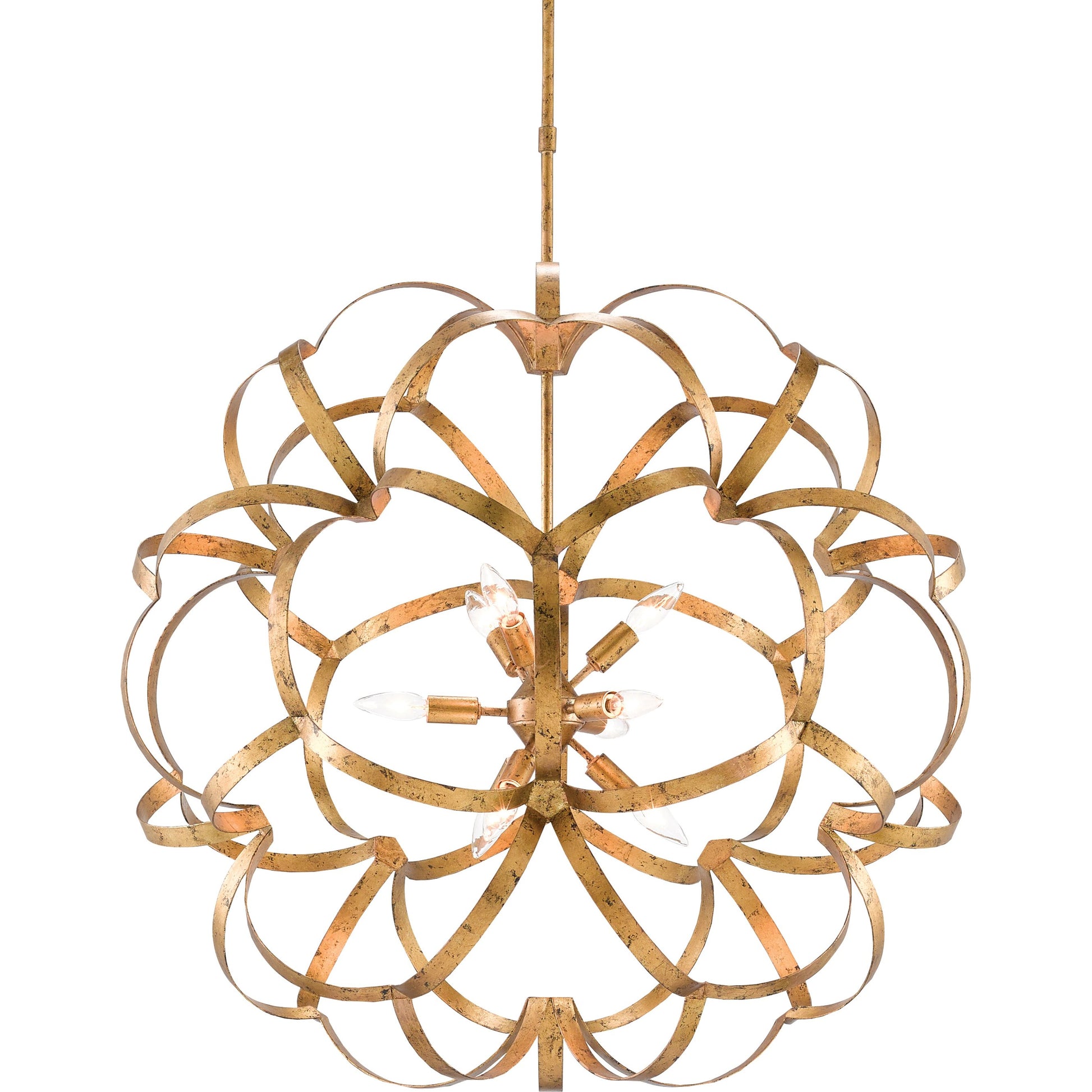 Sappho Orb Chandelier by Currey and Company in new gold leaf. Made from wrought iron in a modern style.