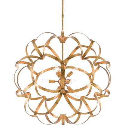 Sappho Orb Chandelier by Currey and Company in new gold leaf. Made from wrought iron in a modern style.