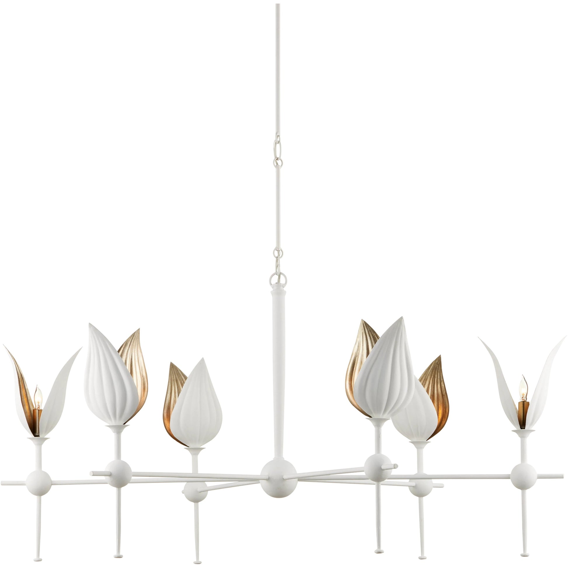 Peace Lily Chandelier by Currey and Company in gesso white, silver leaf. Made from wrought iron in a cottage & farmhouse style.