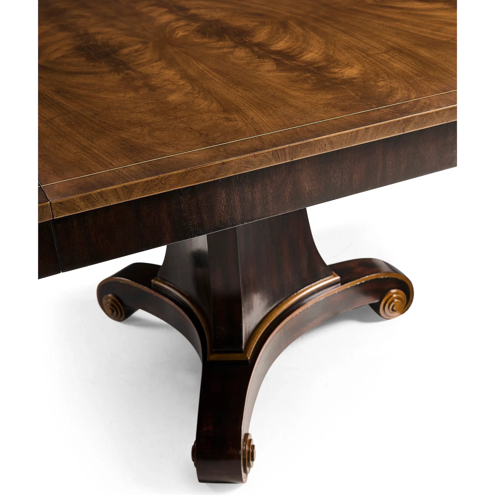 Rosette Dining Table by Jonathan Charles in medium crotch walnut. Made from celejeria veneer, brass, acacia veneer, beech, plywood in a modern style.