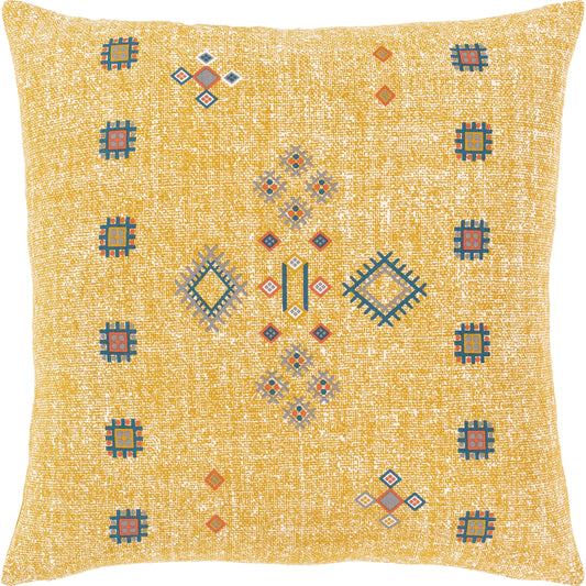 Cactus Silk Pillow - 13689 by Livabliss in mustard, white, medium gray, aqua, orange. Made from front: 100% cotton, back: 100% cotton in a modern style.