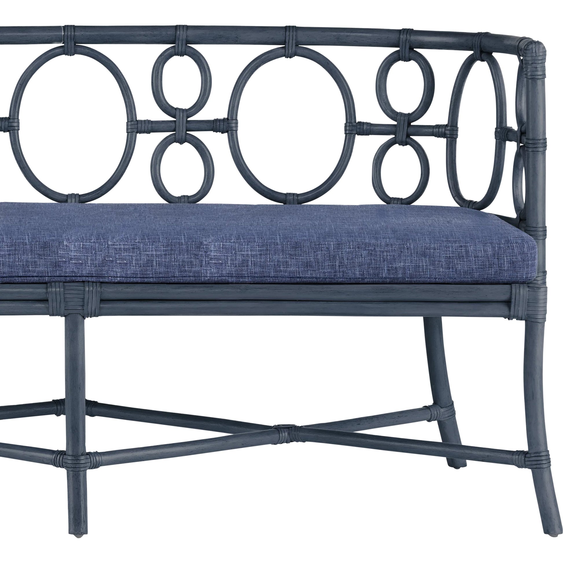 Tegal Bench by Currey and Company in vintage navy, finn indigo. Made from rattan, wood, leather, finn indigo in a eclectic & global style.