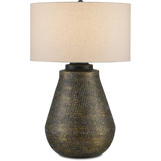 Brigadier Table Lamp by Currey and Company in antique brass, black, whitewash. Made from aluminum in a modern style.