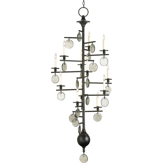 Sethos Chandelier by Currey and Company in old iron, recycled glass. Made from wrought iron, glass in a modern style.