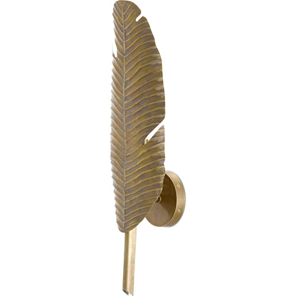 Tropical Leaf Wall Sconce by Currey and Company in vintage brass. Made from brass in a transitional style.