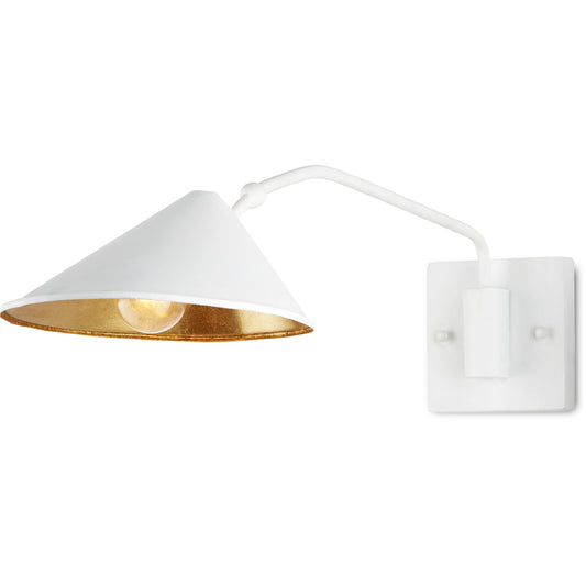 Serpa Single Wall Sconce by Currey and Company in gesso white, contemporary gold leaf. Made from wrought iron in a modern style.