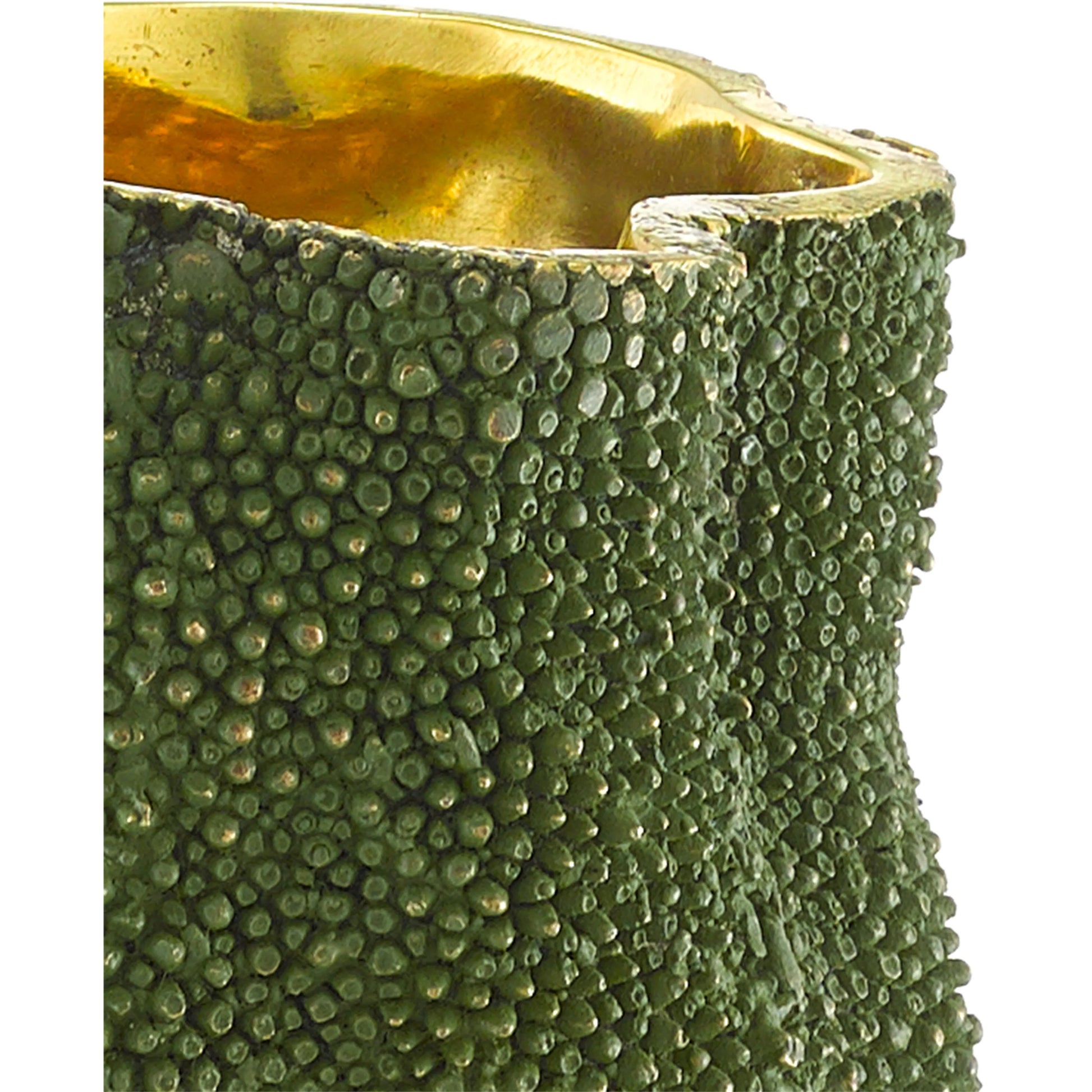 Jackfruit Vase by Currey and Company in green, gold. Made from bronze in a coastal style.