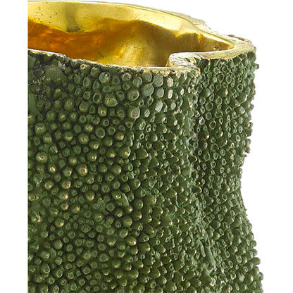 Jackfruit Vase by Currey and Company in green, gold. Made from bronze in a coastal style.