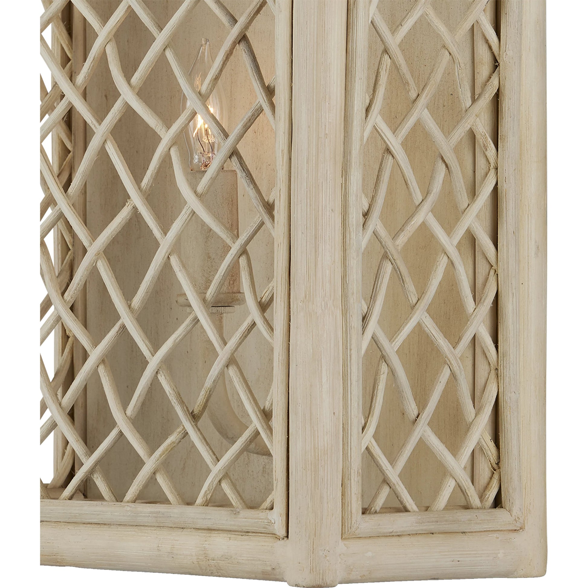 Wanstead Ivory Wall Sconce by Currey and Company in bleached natural, antique pearl. Made from rattan, wrought iron in a cottage & farmhouse style.