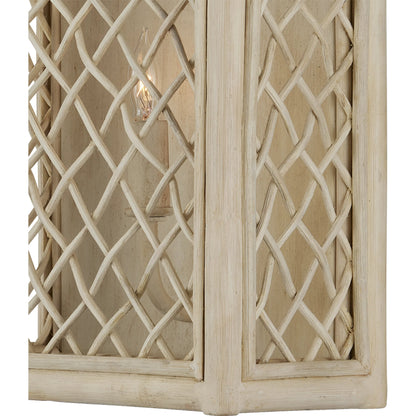 Wanstead Ivory Wall Sconce by Currey and Company in bleached natural, antique pearl. Made from rattan, wrought iron in a cottage & farmhouse style.
