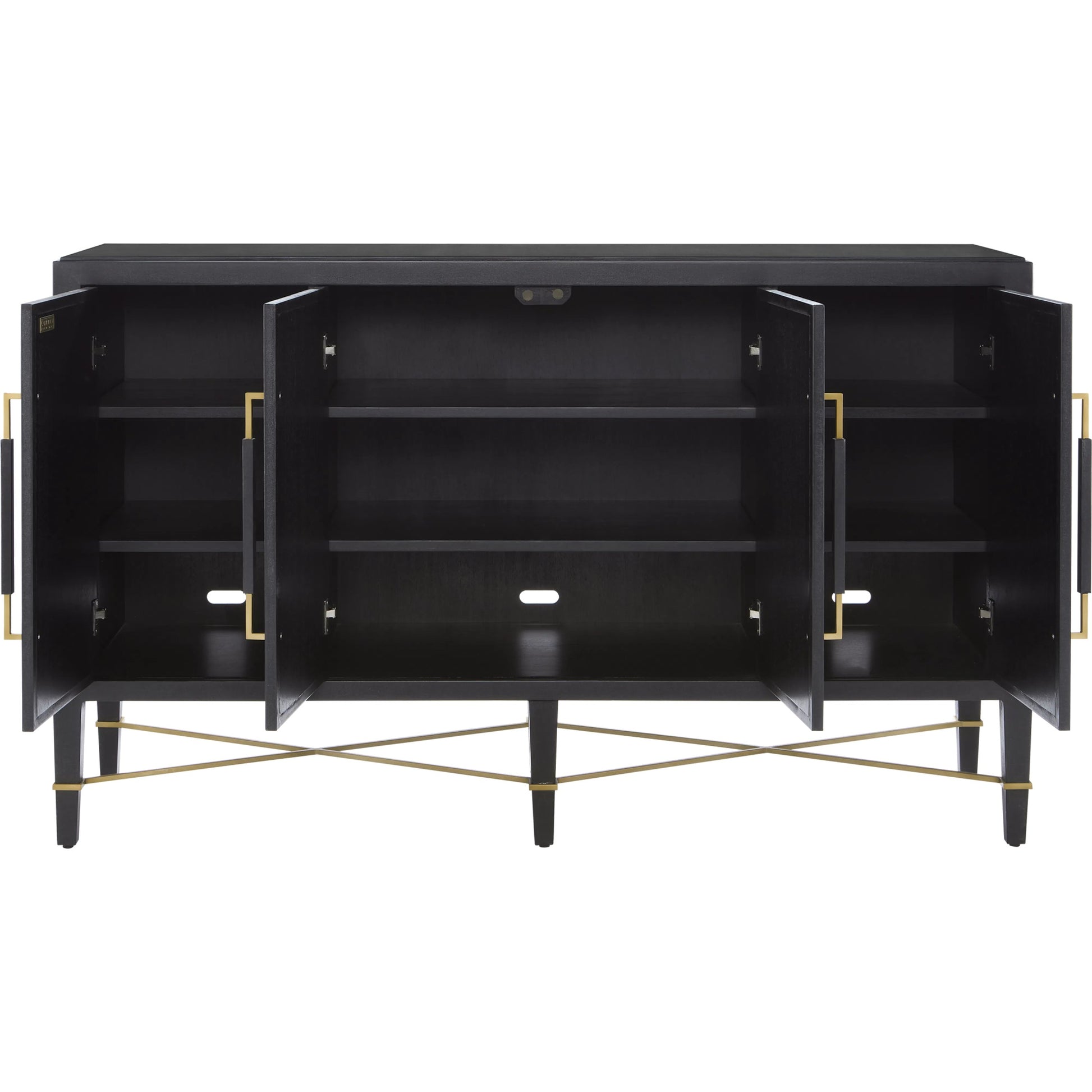 Verona Sideboard by Currey and Company in black lacquered linen, champagne stretchers, linen wrapped cha. Made from solid wood, engineered hardwood in a transitional style.