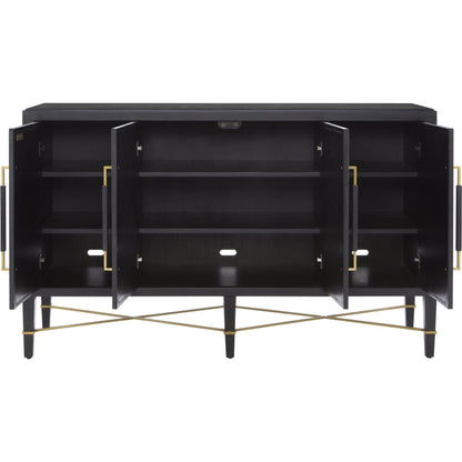 Verona Sideboard by Currey and Company in black lacquered linen, champagne stretchers, linen wrapped cha. Made from solid wood, engineered hardwood in a transitional style.
