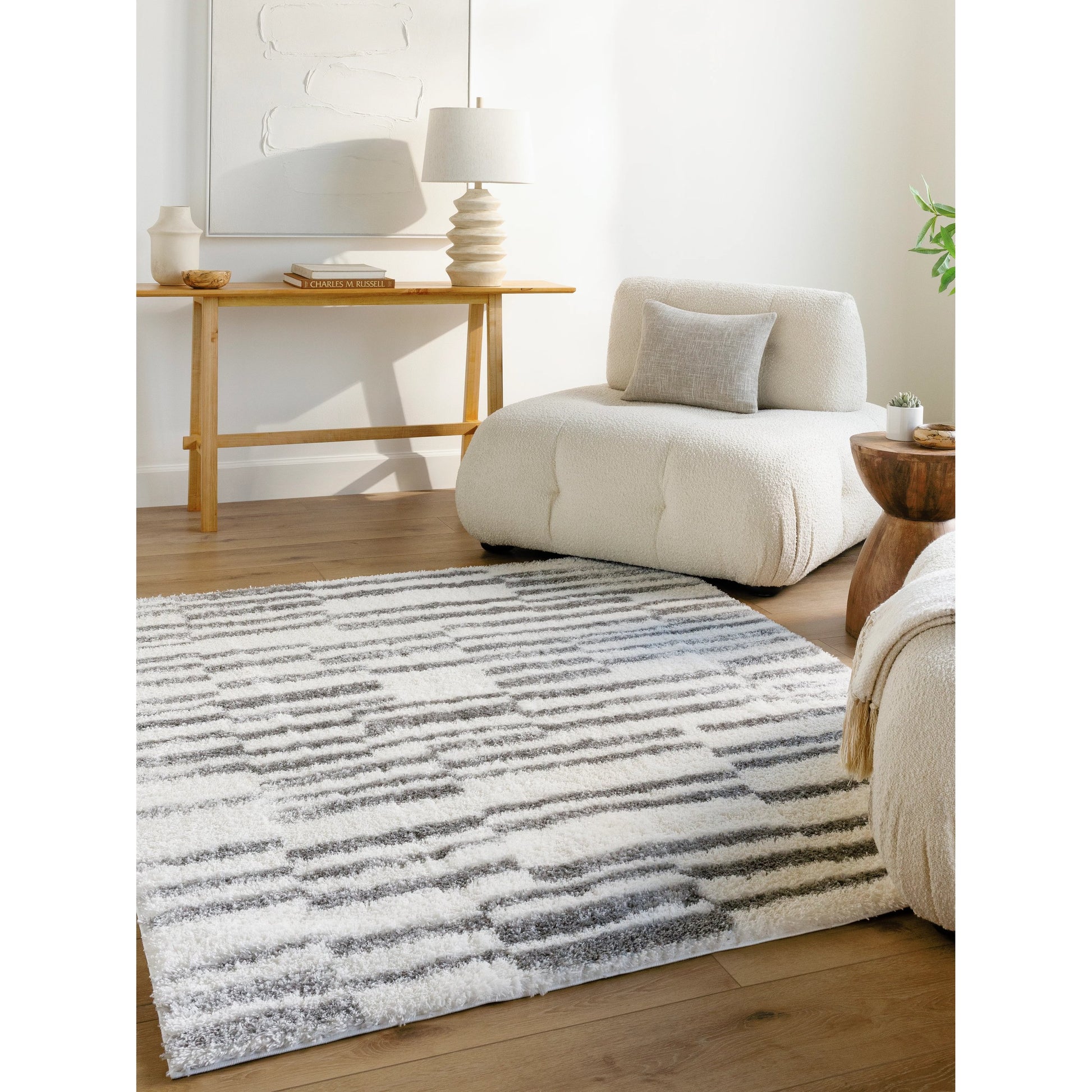 Cloudy Shag Rug - 490566 by Livabliss in off-white, gray, charcoal. Made from face: 100% polyester, warp: 60% jute, 40% polyester in a unique style.