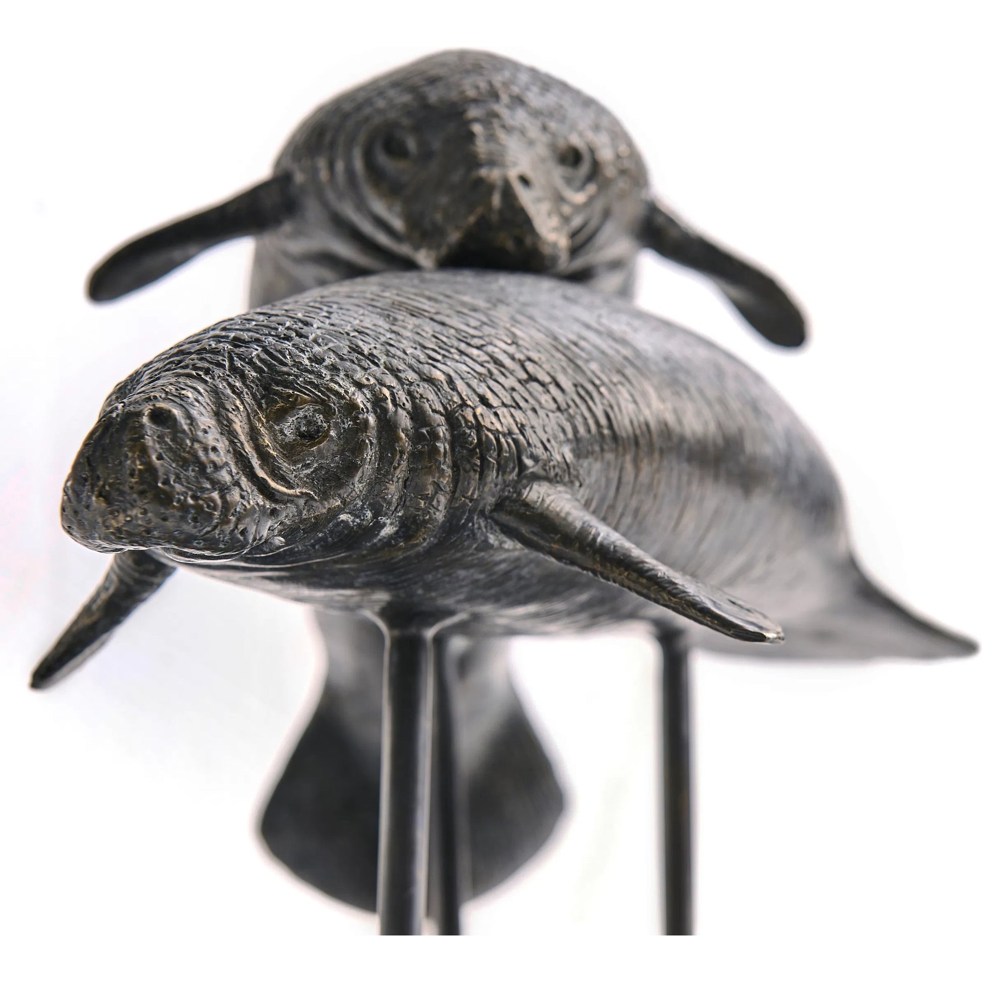 Raised Manatee Bronze Statue with Marble Base by Jonathan Charles in dark rustic waxed bronze. Made from main brass in a unique style.