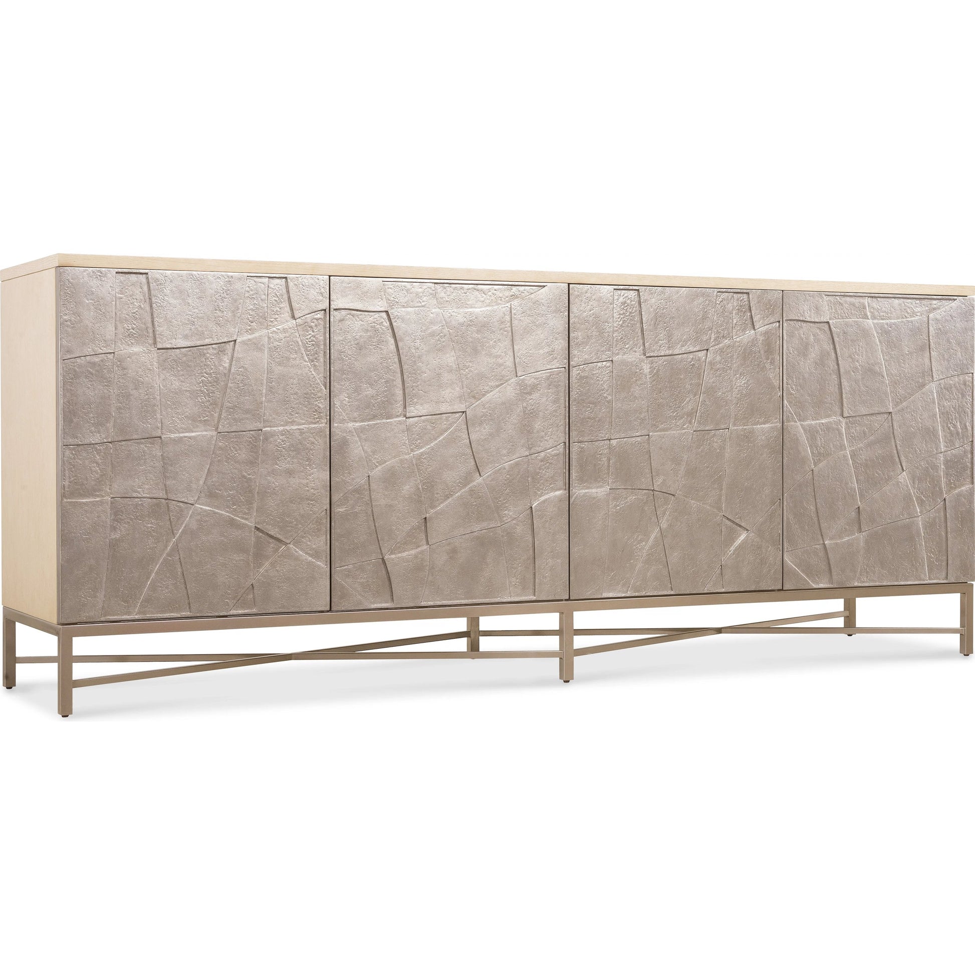 Westwood Credenza by Hooker Furniture in venetian dawn silver-leaf and polished limestone. Made from oak veneers in a modern style.