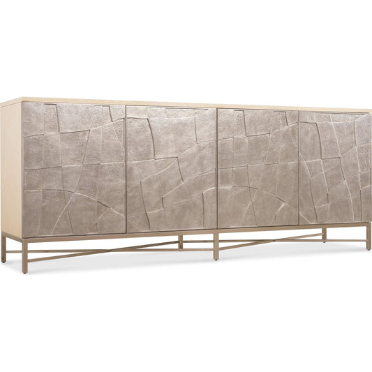 Westwood Credenza by Hooker Furniture in venetian dawn silver-leaf and polished limestone. Made from oak veneers in a unique style.