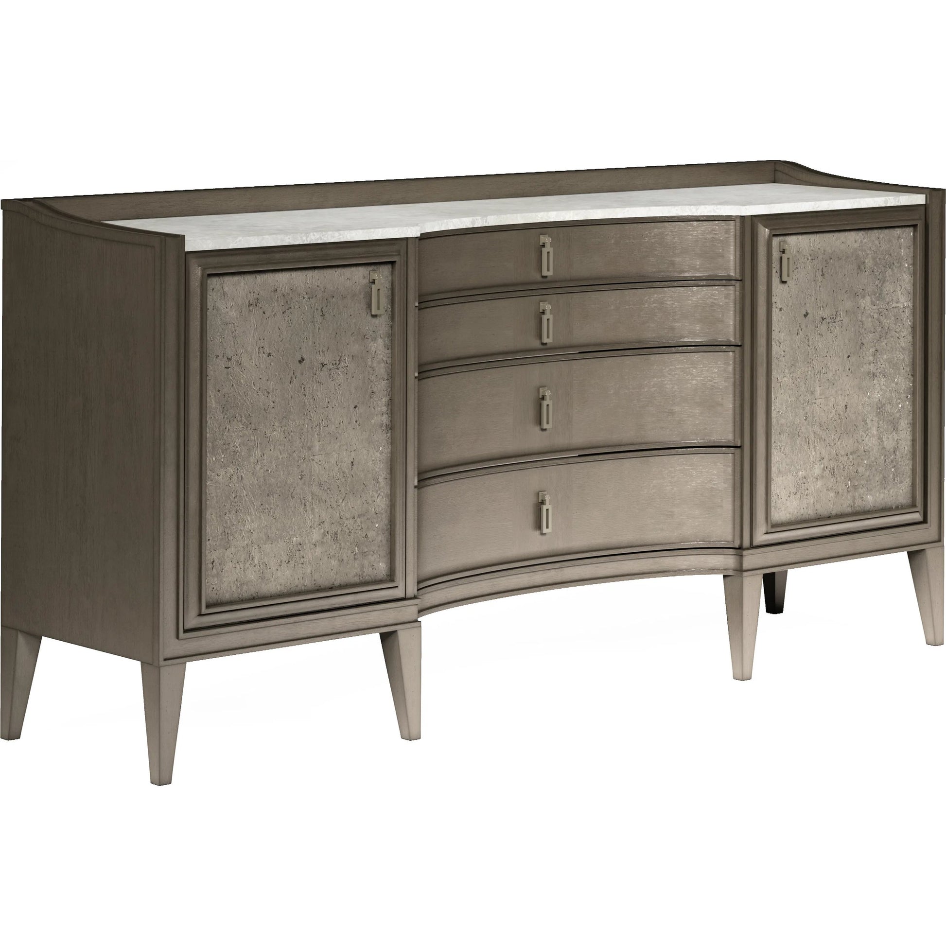 Cove Credenza by A.R.T. Furniture in grey and mica. Made from rubberwood solids, primavera veneer, stone, metal, cork in a transitional style.
