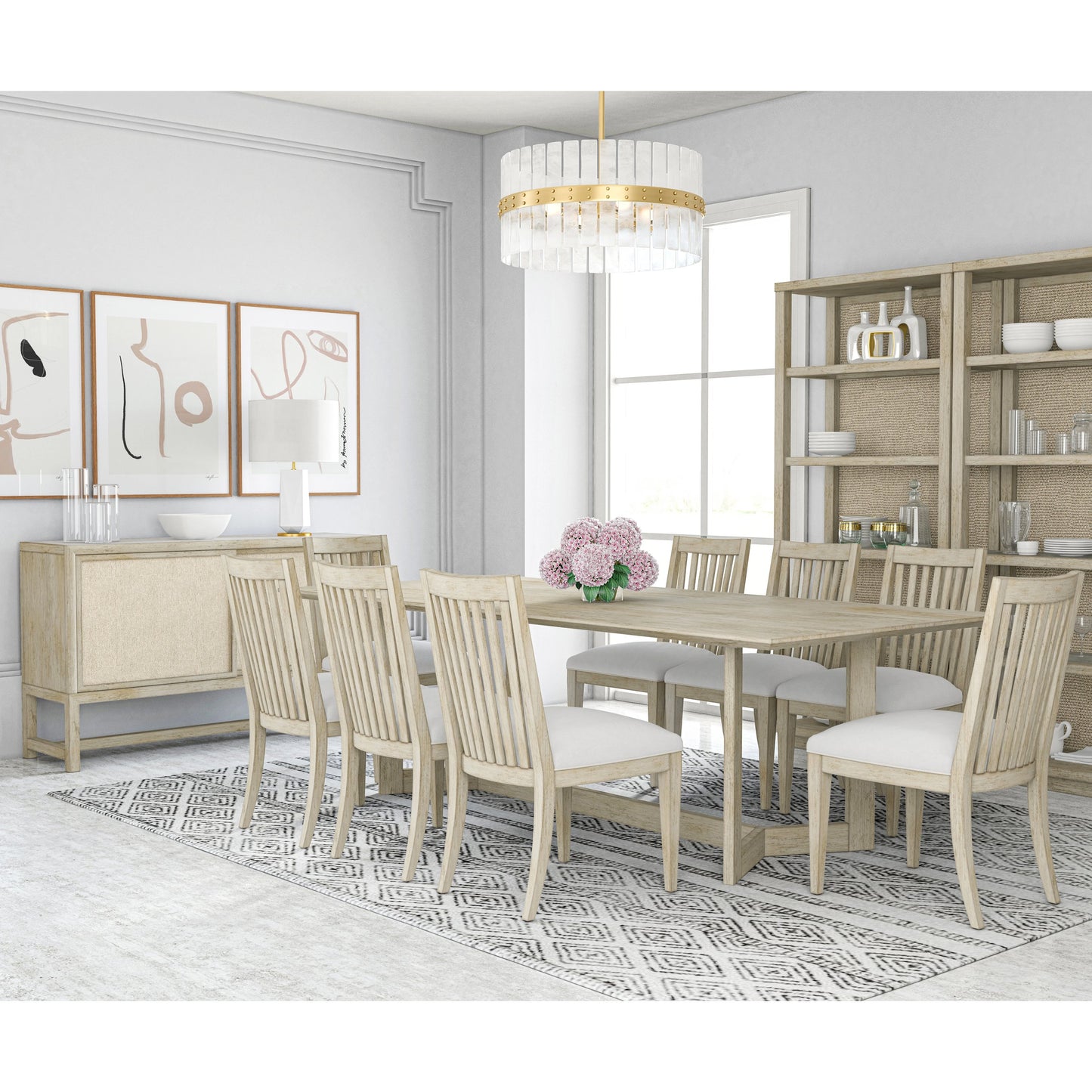 004 SI-2064990 | Lifestyle | Cotiere Sideboard by A.R.T. Furniture in beige and linen. Made from parawood solids, mixed split cathedral quarter-white oak veneer, fabric, terrazzo stone in a modern style.