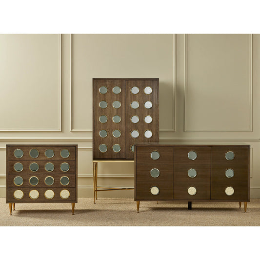Colette Chest by Currey and Company in tawny brown, polished brass, mirror, rose. Made from figured eucalyptus, stainless steel, glass, faux velvet in a modern style.