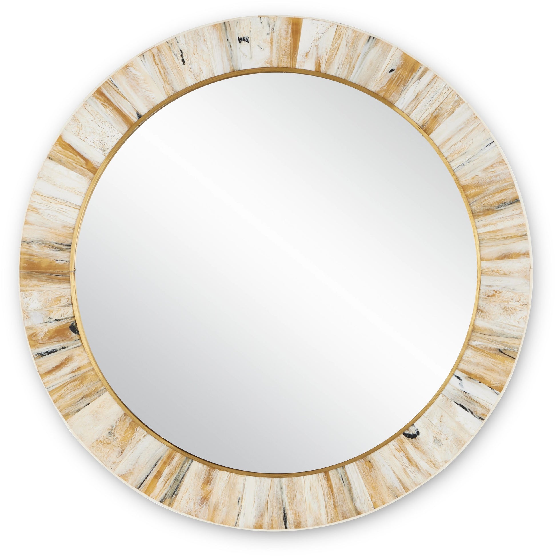 Niva Round Wall Mirror by Currey and Company in cream, brass, mirror. Made from composite, brass, glass, engineered hardwood in a modern style.