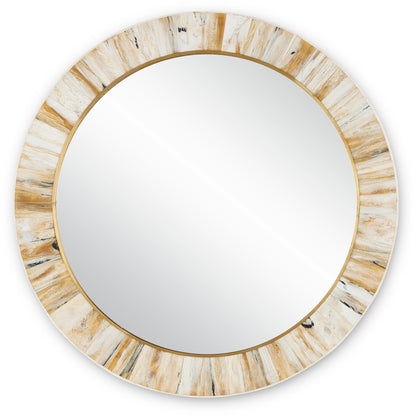 Niva Round Wall Mirror by Currey and Company in cream, brass, mirror. Made from composite, brass, glass, engineered hardwood in a modern style.
