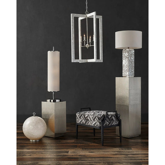 Arietta Chandelier by Currey and Company in mother of pearl, contemporary silver leaf. Made from mosaic mother of pearl, metal in a transitional style.