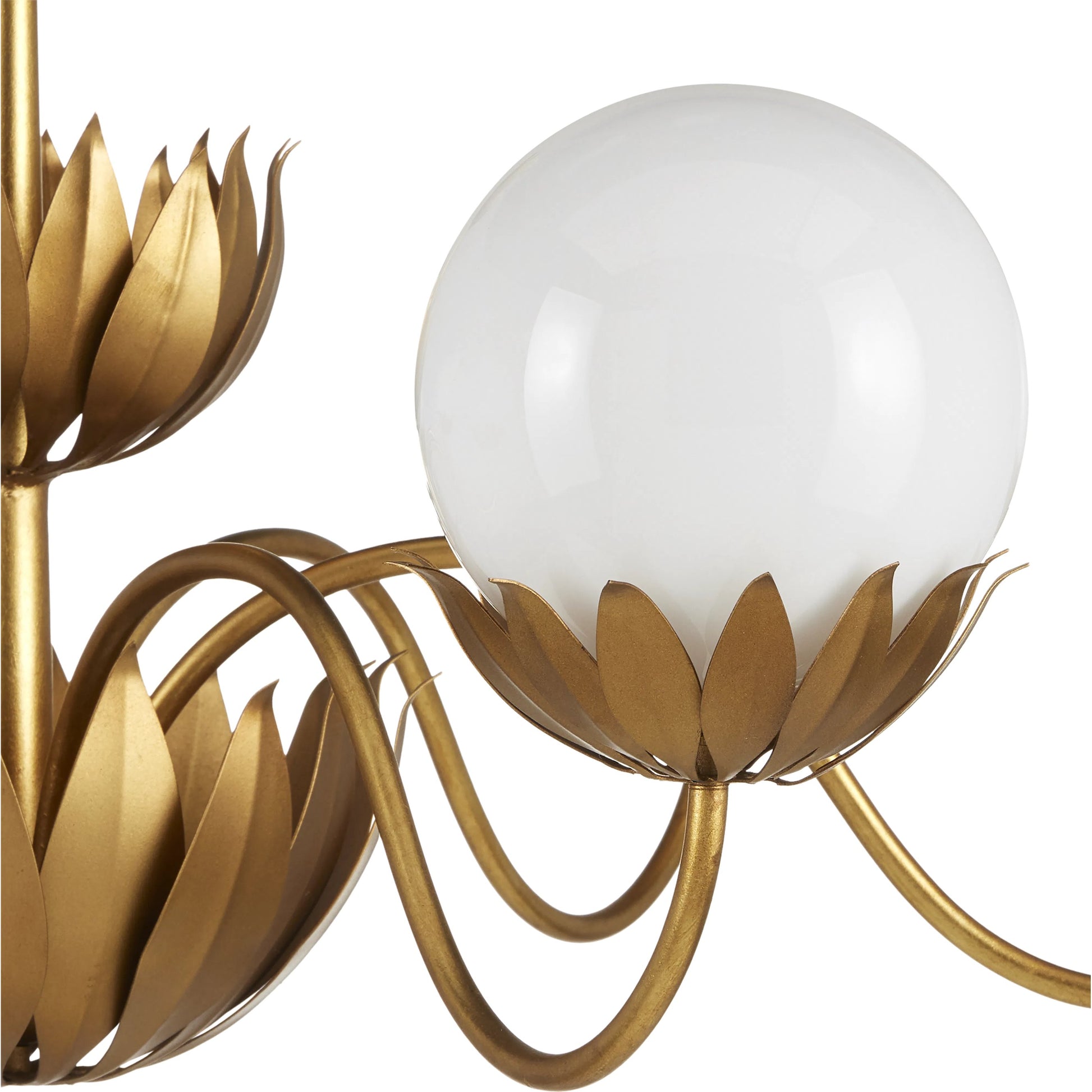 Mirasole Chandelier by Currey and Company in contemporary gold leaf, gold, white. Made from wrought iron, glass in a traditional style.