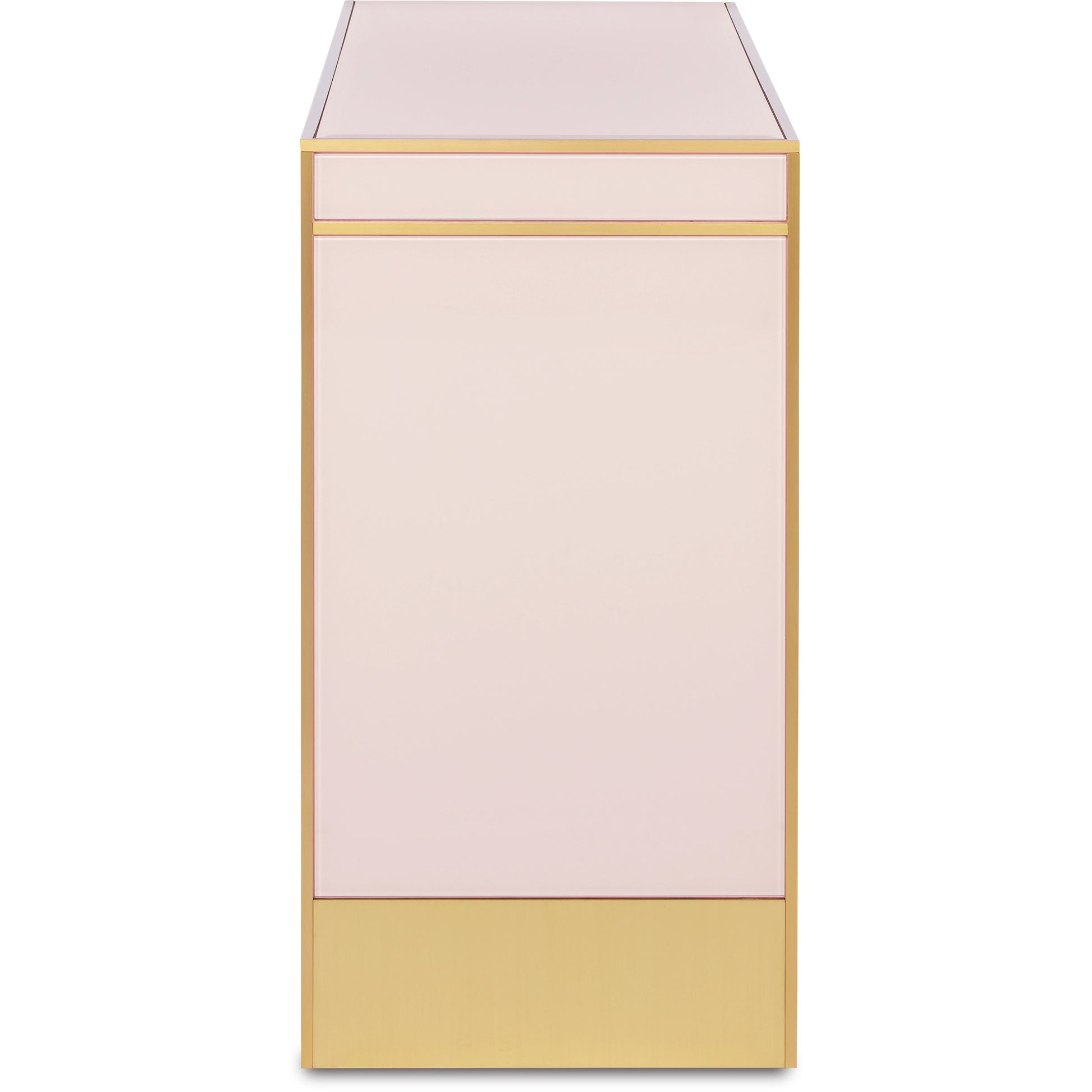 Arden Console Table by Currey and Company in ivory, satin brass. Made from reverse painted glass, brass, solid hardwood in a modern style.