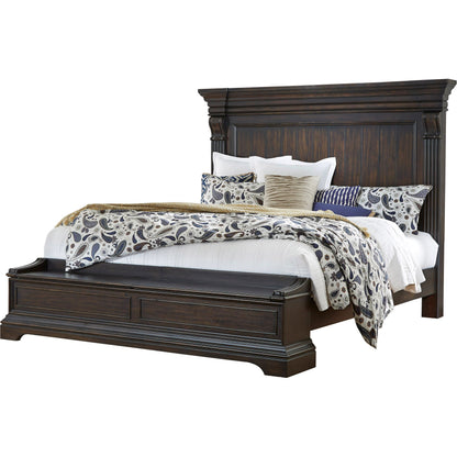 Caldwell Storage Bed by Pulaski Furniture in dark brown espresso. Made from acacia veneers, asian hardwood in a traditional style.