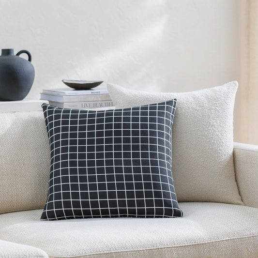 Check Pillow - 481696 by Livabliss in jet black, light silver, onyx. Made from front: 100% polyester, back: 100% polyester in a modern style.