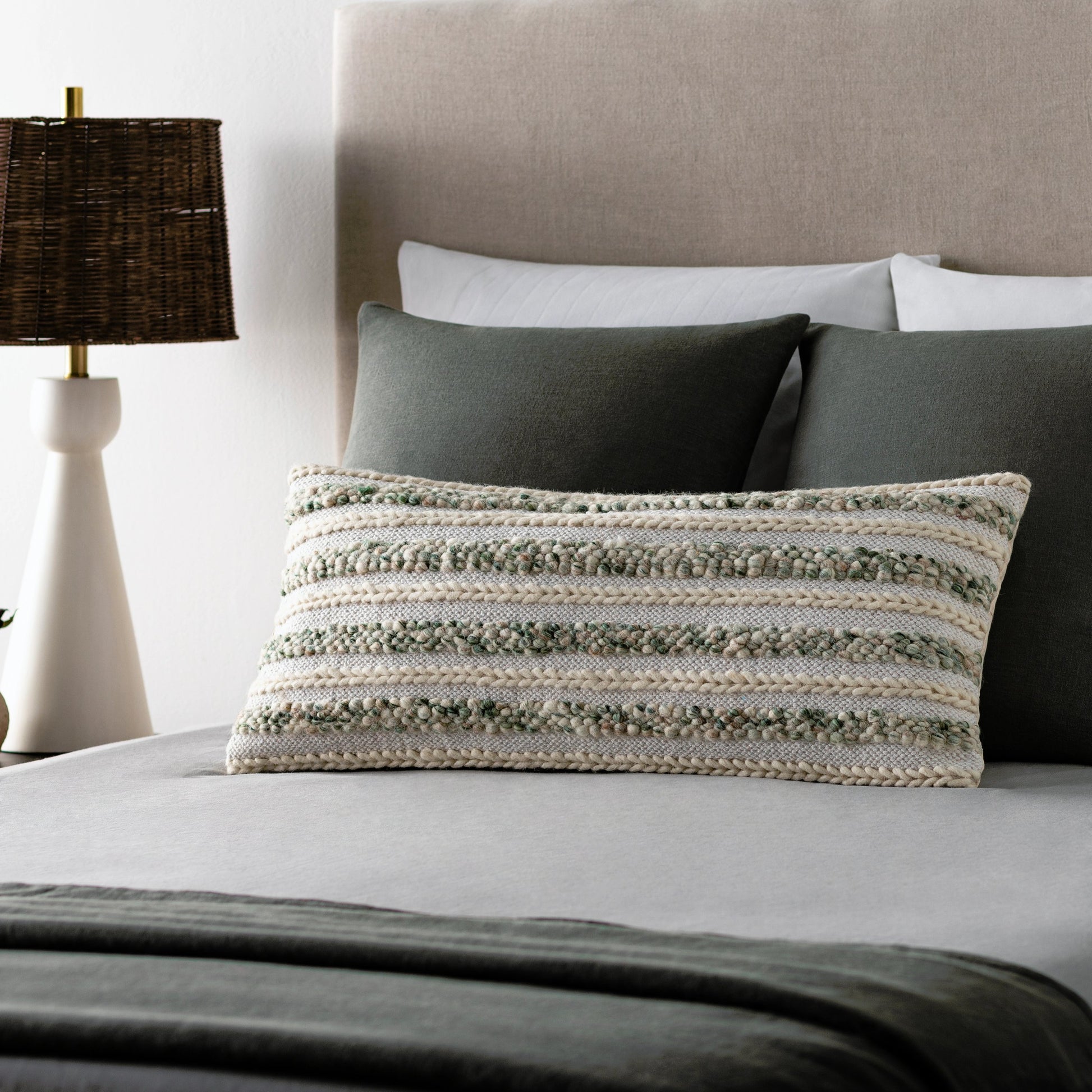 Celio Pillow - 33039 by Surya in white, cream, medium green. Made from 40% cotton, 40% wool, 20% polyester, 100% cotton in a eclectic & global style.