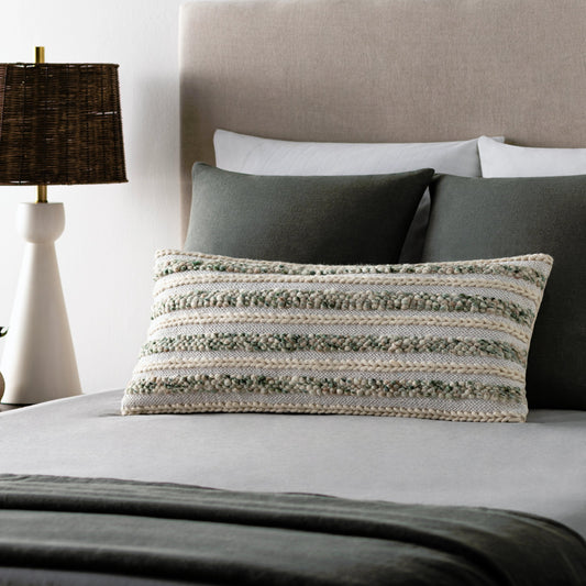 Celio Pillow - 33039 by Surya in white, cream, medium green. Made from 40% cotton, 40% wool, 20% polyester, 100% cotton in a eclectic & global style.