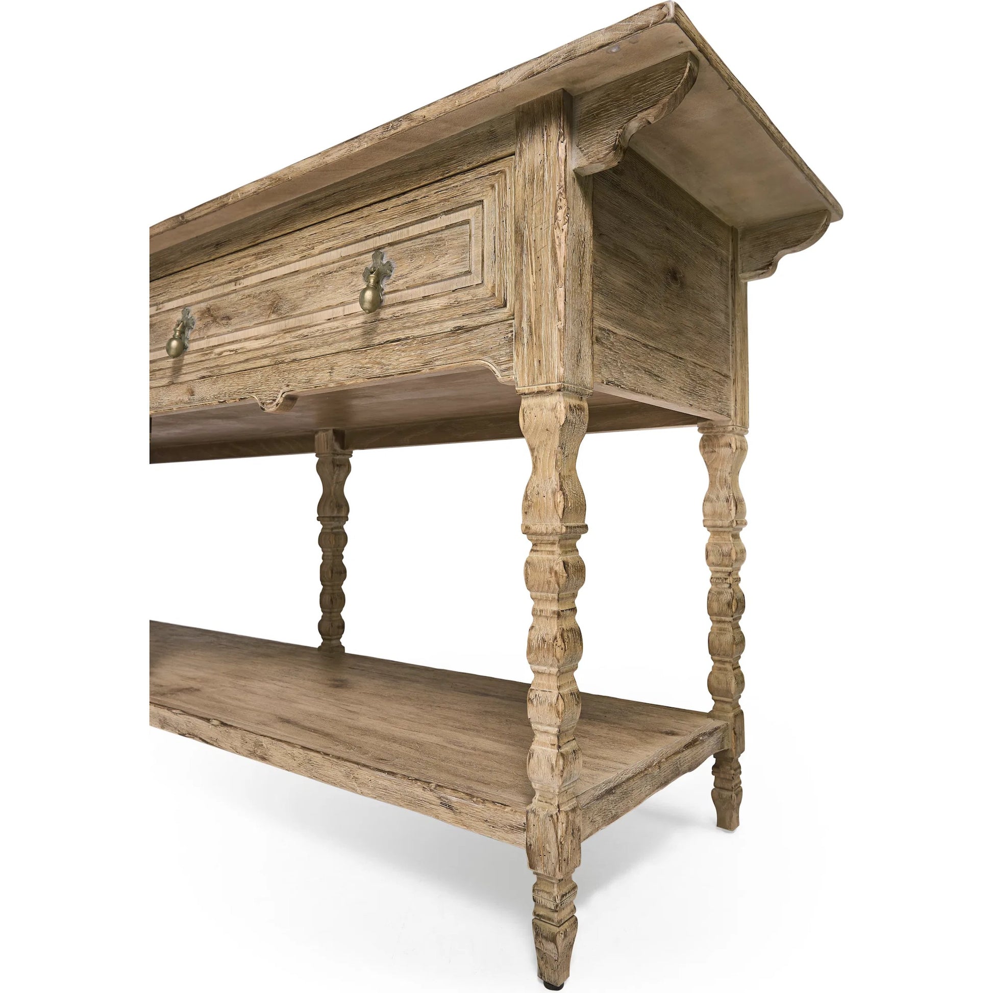 Sagehill Spindle-Leg Console by Jonathan Charles in timberon grey oak. Made from main oak in a unique style.