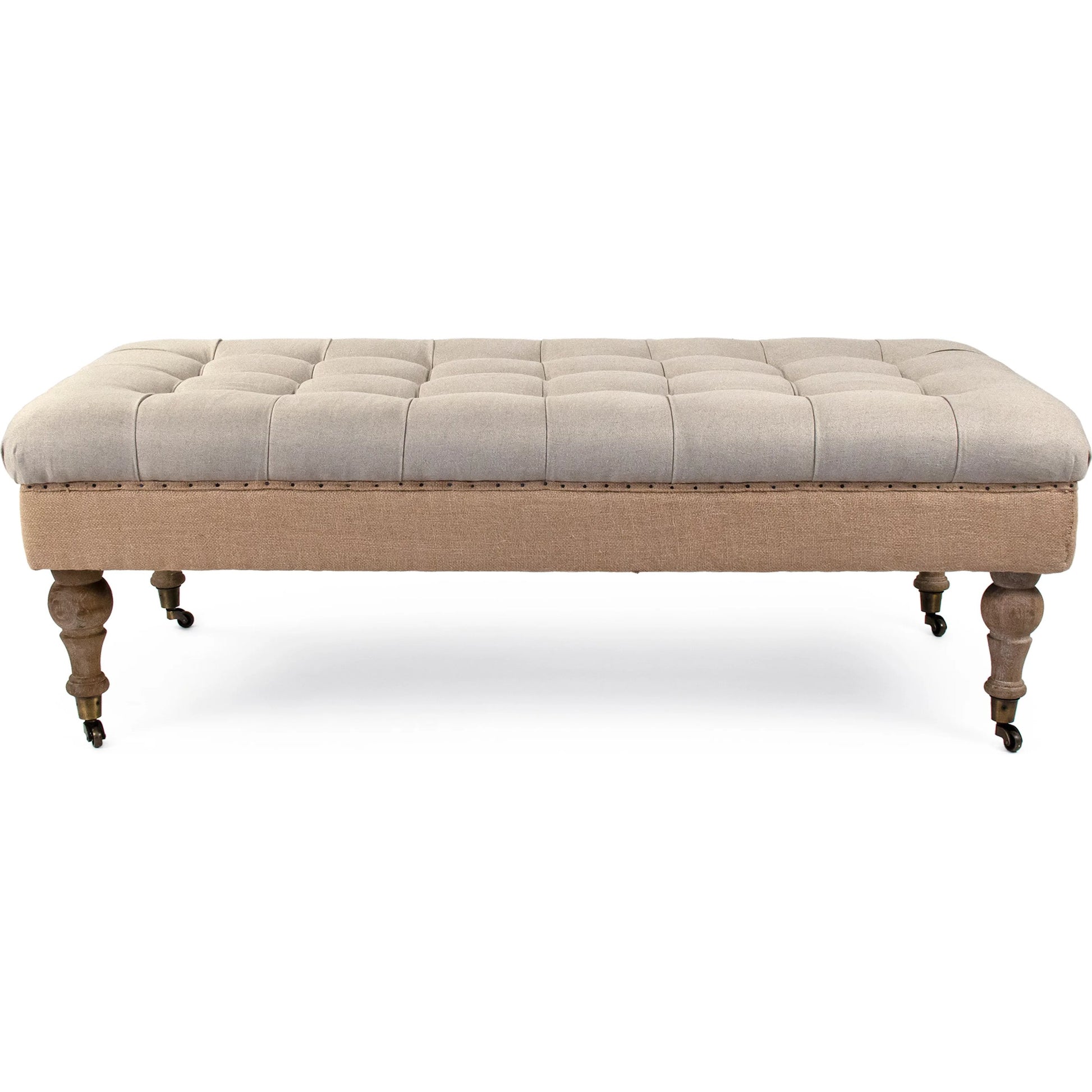Maison Tufted Ottoman with Casters by Zentique in natural linen, jute and limed gray oak. Made from limed grey oak in a traditional style.