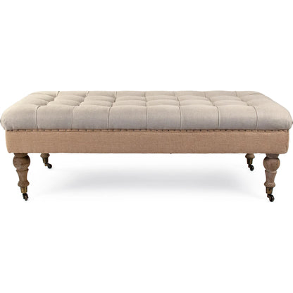 Maison Tufted Ottoman with Casters by Zentique in natural linen, jute and limed gray oak. Made from limed grey oak in a traditional style.