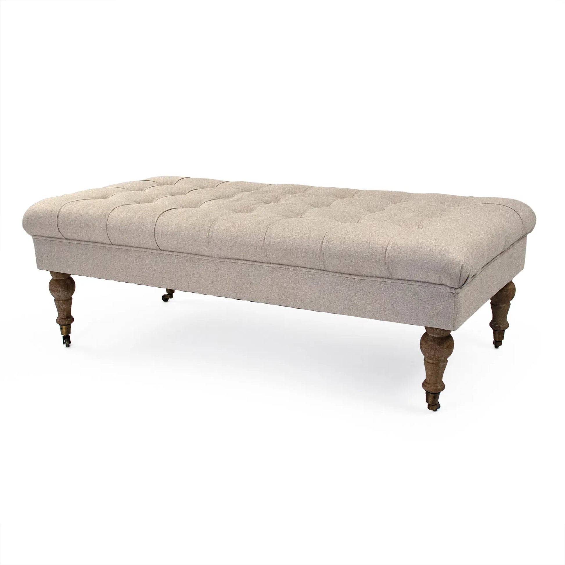 Maison Tufted Ottoman with Casters by Zentique in natural linen, jute and limed gray oak. Made from limed grey oak in a traditional style.