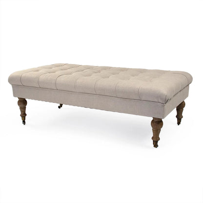 Maison Tufted Ottoman with Casters by Zentique in natural linen, jute and limed gray oak. Made from limed grey oak in a traditional style.