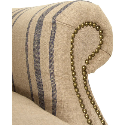 Napoleon Blue Stripe Half Wingback Chair by Zentique in english khaki linen with blue stripe. Made from dark brown oak in a traditional style.