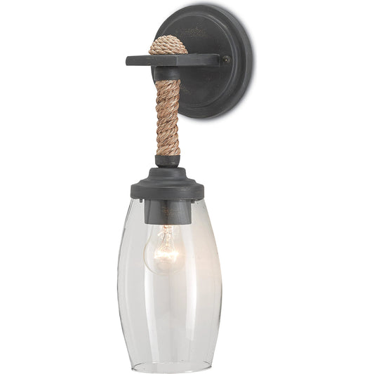 Hightider Wall Sconce by Currey and Company in french black, natural. Made from wrought iron, abaca, recycled glass in a rustic style.