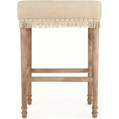 Lucas Bar Stool by Zentique in hemp linen and limed gray oak. Made from limed grey oak in a transitional style.