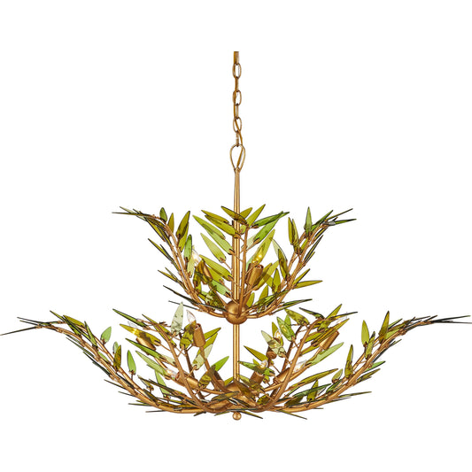 Babylon Two-Tier Chandelier by Currey and Company in green, contemporary gold leaf. Made from recycled bottle glass, wrought iron in a unique style.
