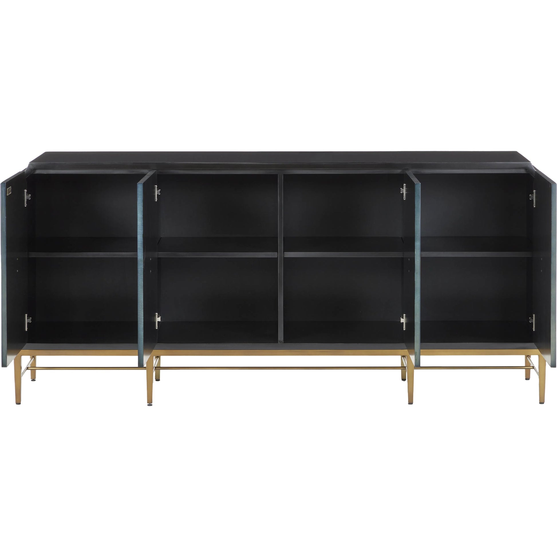 Kallista Blue Credenza by Currey and Company in dark sapphire, caviar black, antique brass. Made from sycamore veneer, mahogany, engineered hardwood, cast brass, iron in a modern style.