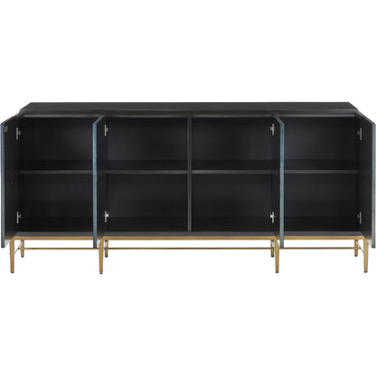 Kallista Blue Credenza by Currey and Company in dark sapphire, caviar black, antique brass. Made from sycamore veneer, mahogany, engineered hardwood, cast brass, iron in a modern style.