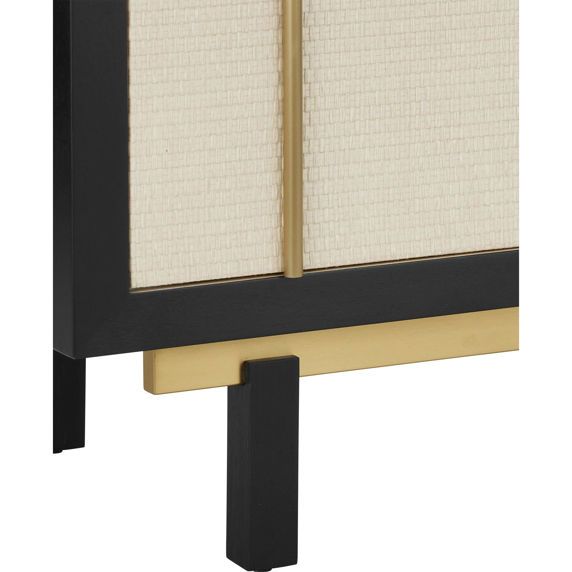 Deanna Raffia Credenza by Currey and Company in ivory, black, satin brass, natural, clear. Made from raffia, okume veneer, stainless steel, sycamore veneer, tempered glass in a modern style.