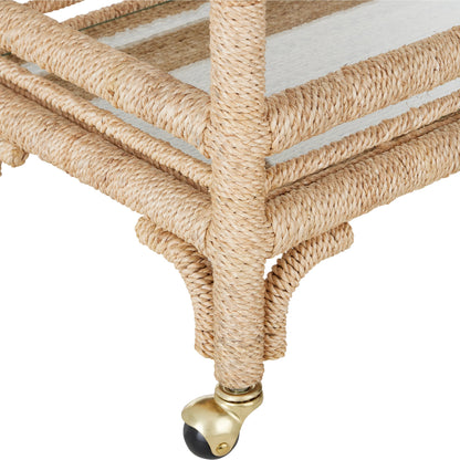 Olisa Bar Cart by Currey and Company in natural, clear. Made from abaca rope, wrought iron, glass in a coastal style.
