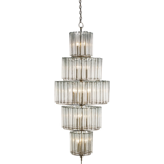Bevilacqua Chandelier by Currey and Company in silver leaf. Made from wrought iron, glass in a traditional style.