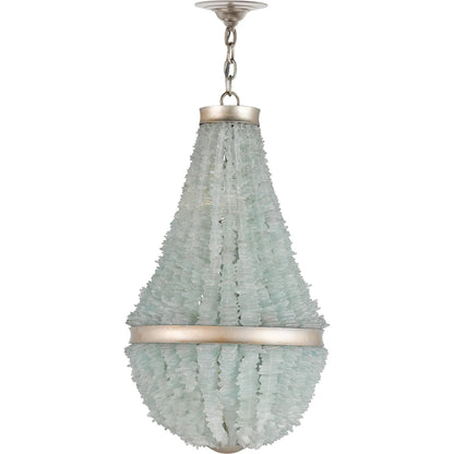 Platea Chandelier by Currey and Company in contemporary silver leaf, seaglass. Made from wrought iron, glass in a coastal style.