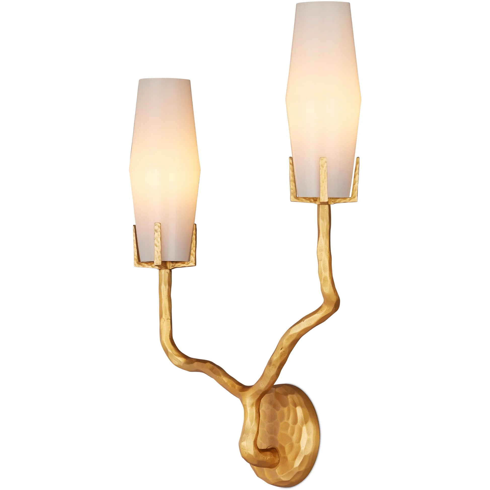 Mathilda Wall Sconce by Currey and Company in gold and white, matte gold. Made from glass, brass in a modern style.